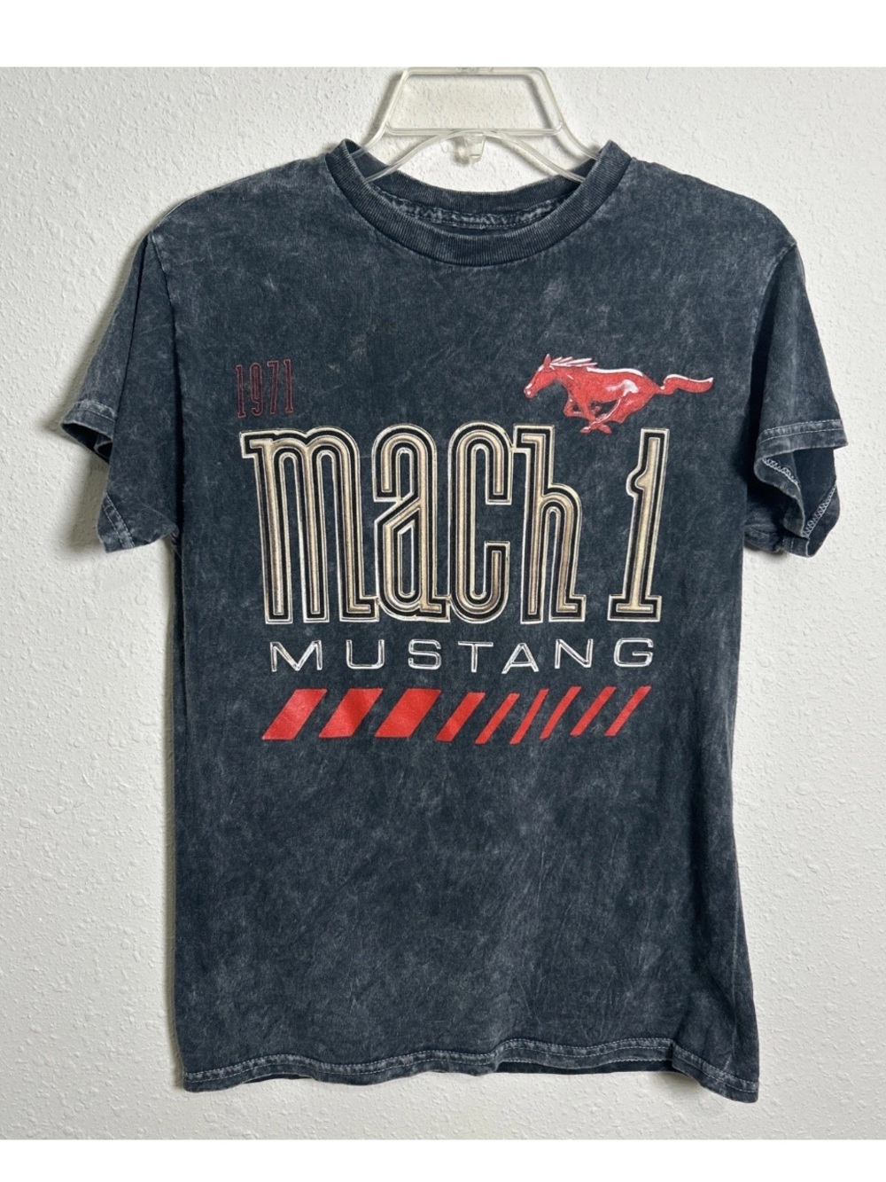 1971 Ford Mach 1 Mustang Women’s Small T-Shirt Gray Stone Washed Double Sided